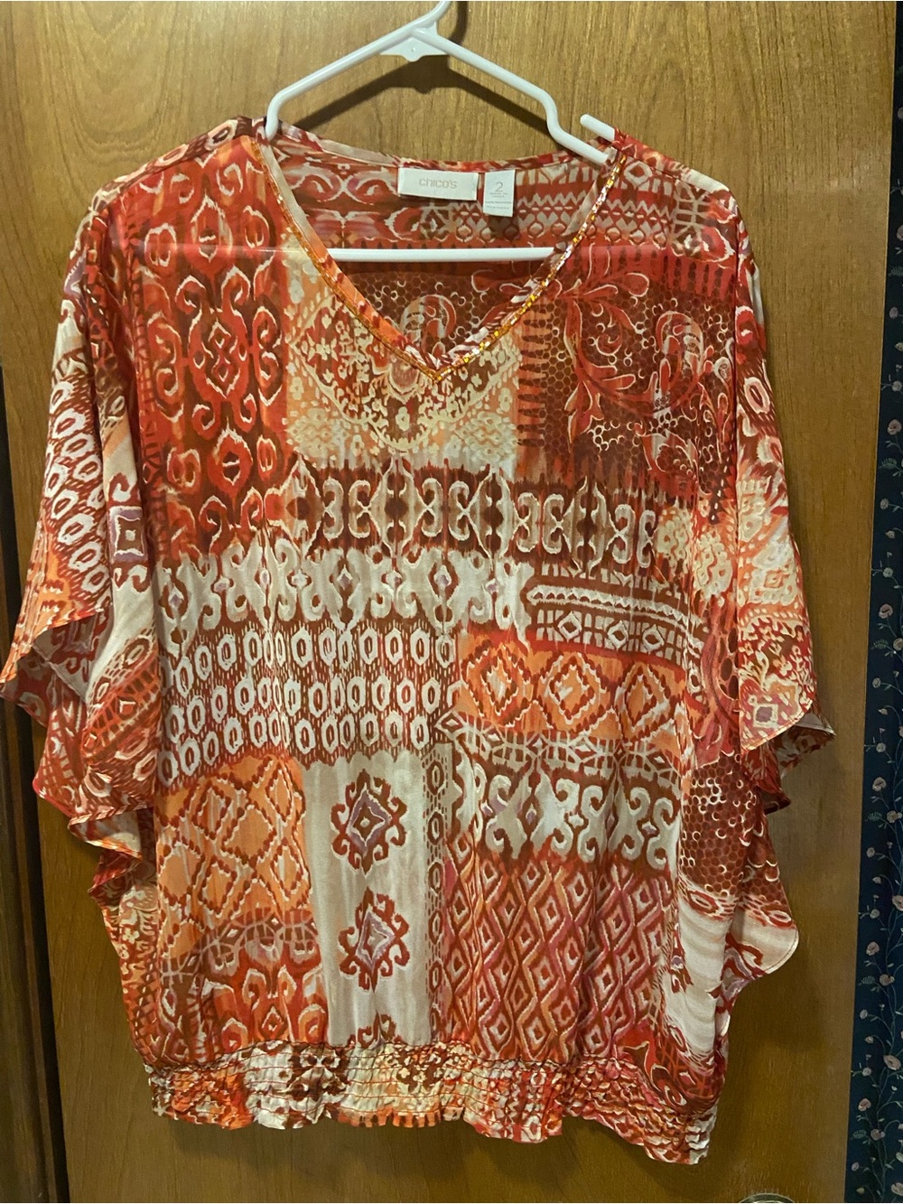 Chico's Orange & Cream Patchwork V-Neck Blouse